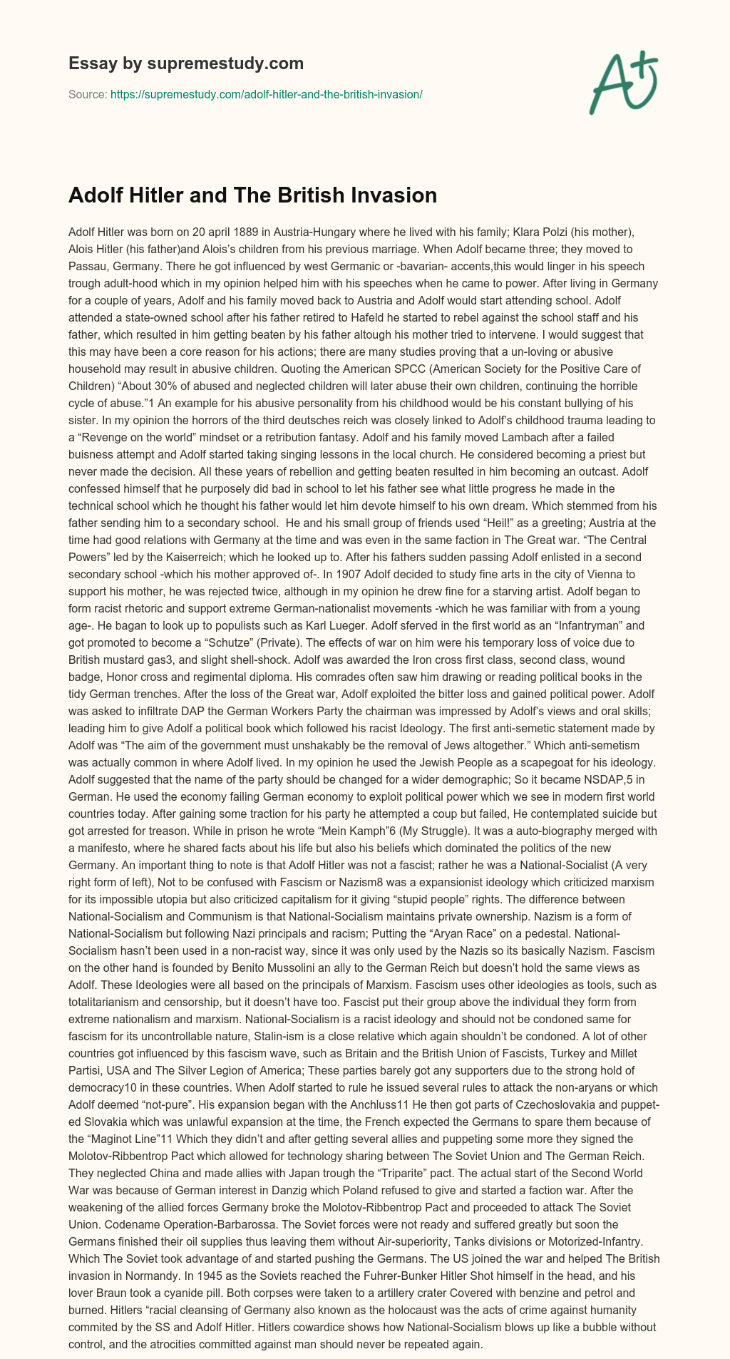 Adolf Hitler and The British Invasion essay