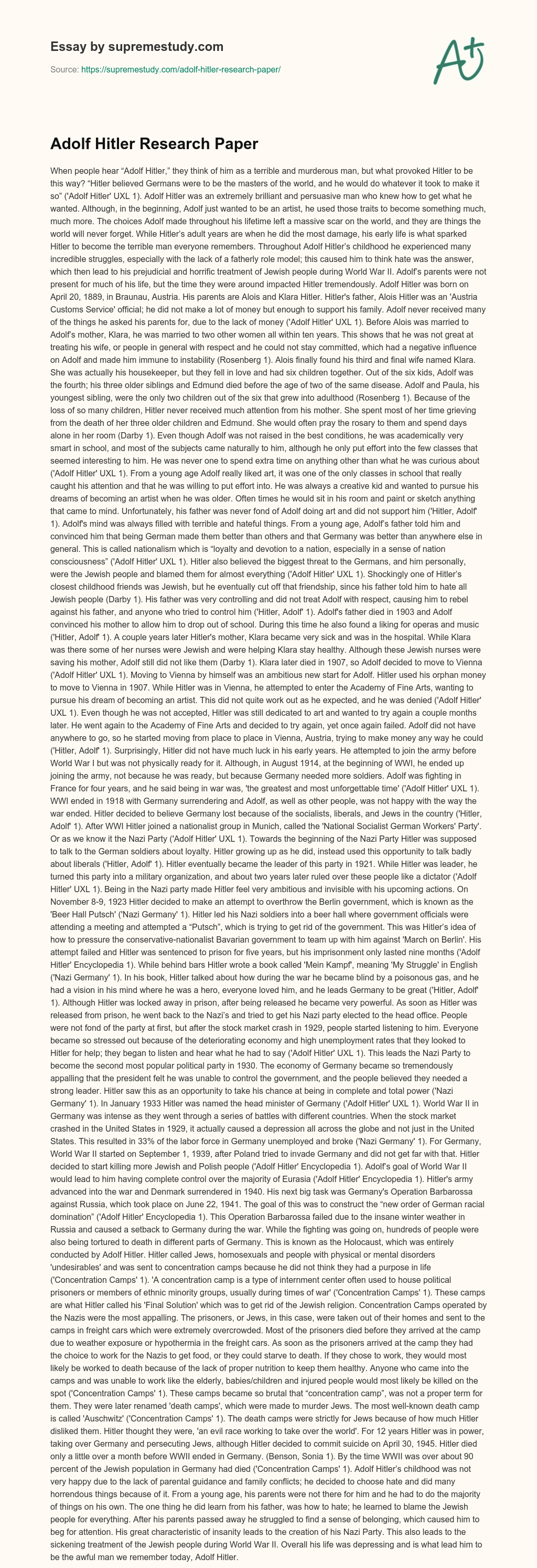 Adolf Hitler Research Paper essay