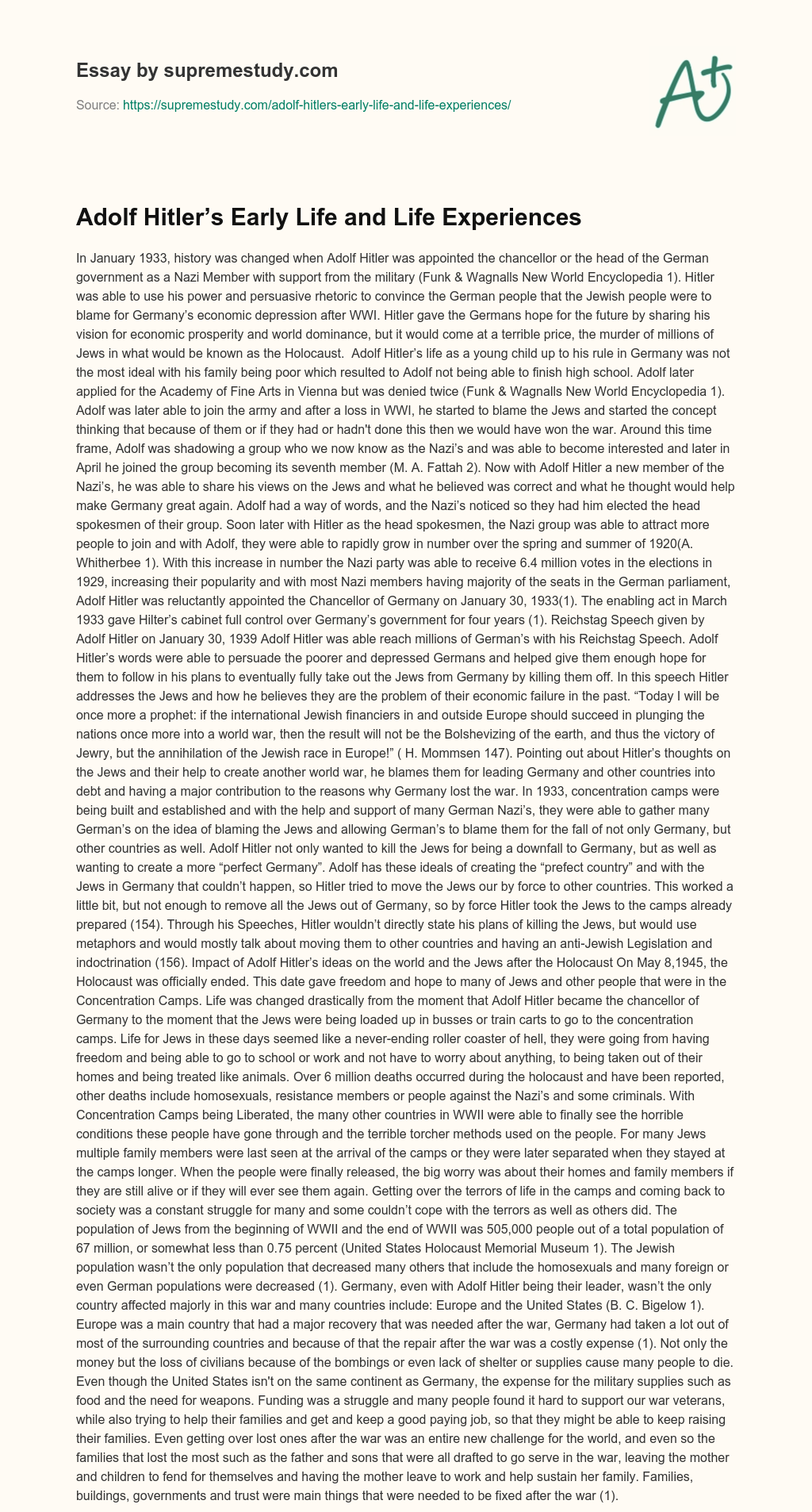 Adolf Hitler’s Early Life and Life Experiences essay