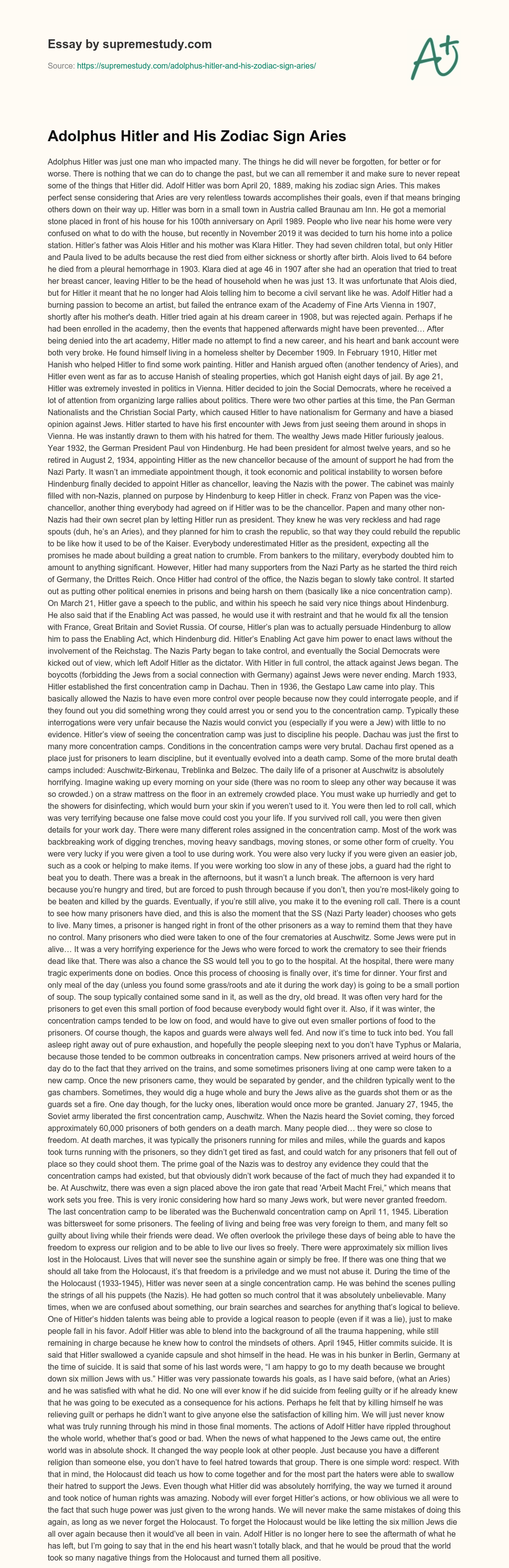 Adolphus Hitler and His Zodiac Sign Aries essay