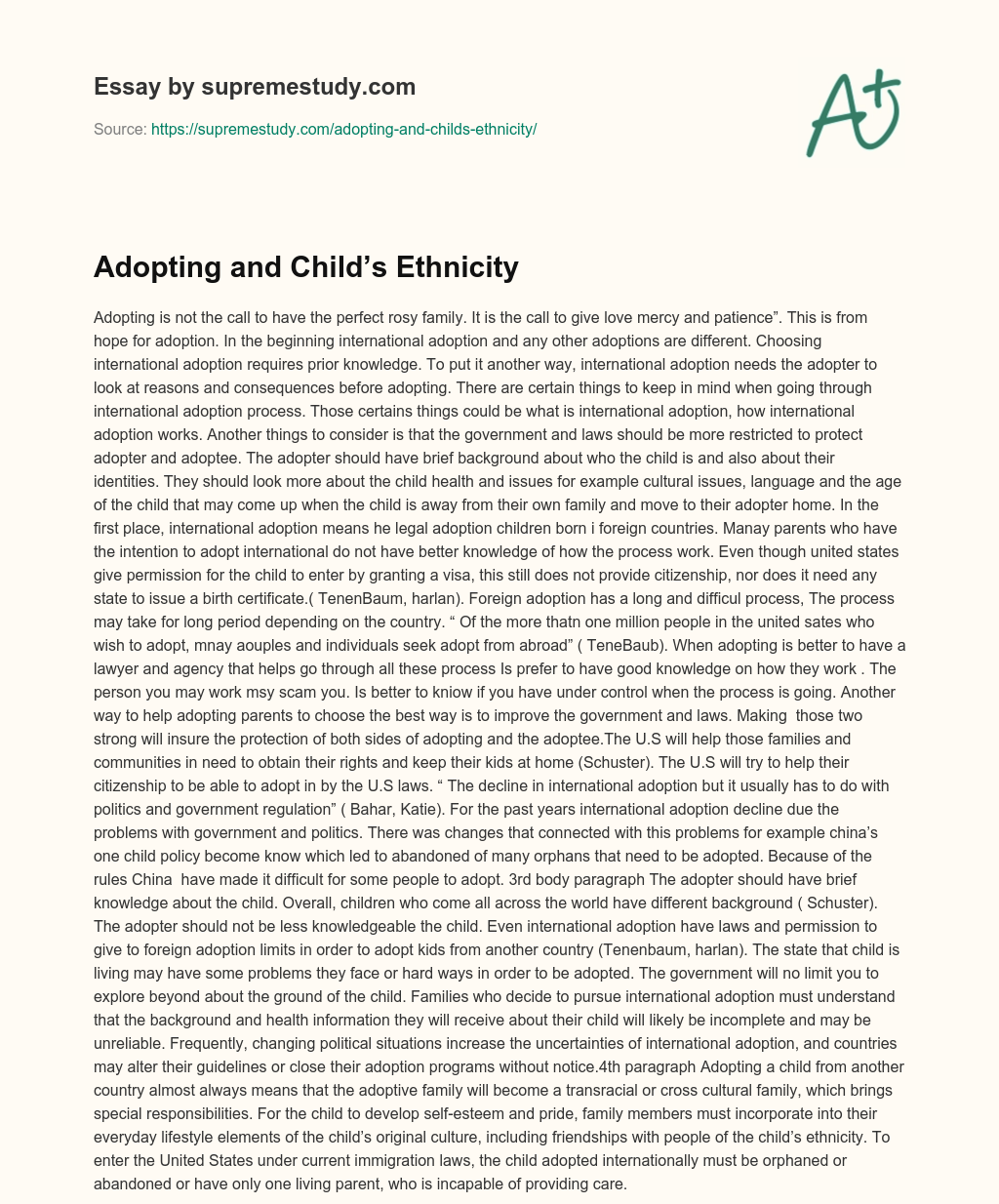 Adopting and Child’s Ethnicity essay