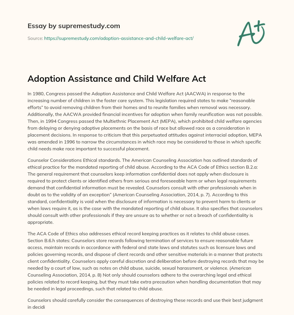Adoption Assistance and Child Welfare Act essay
