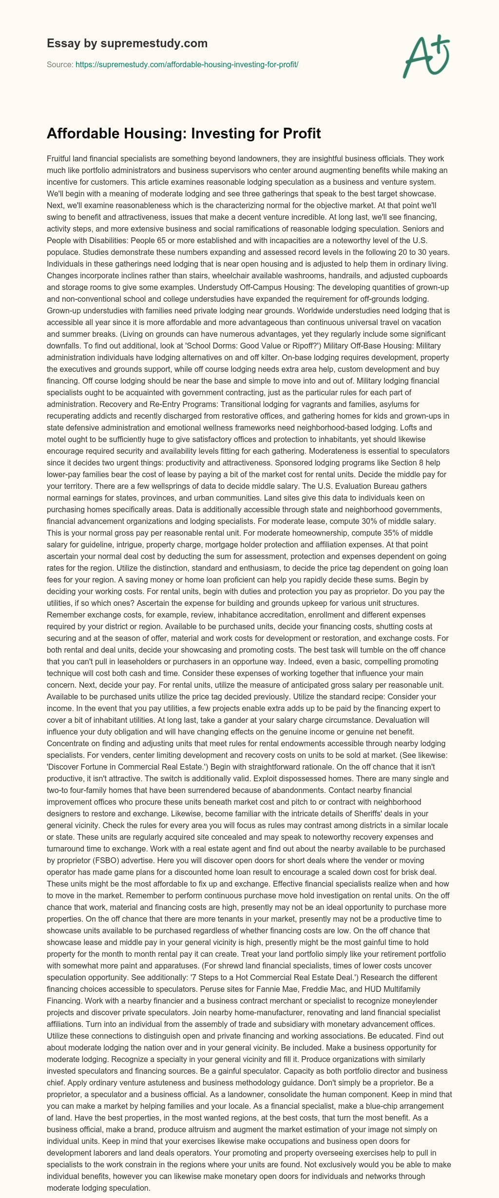 Affordable Housing: Investing for Profit  essay