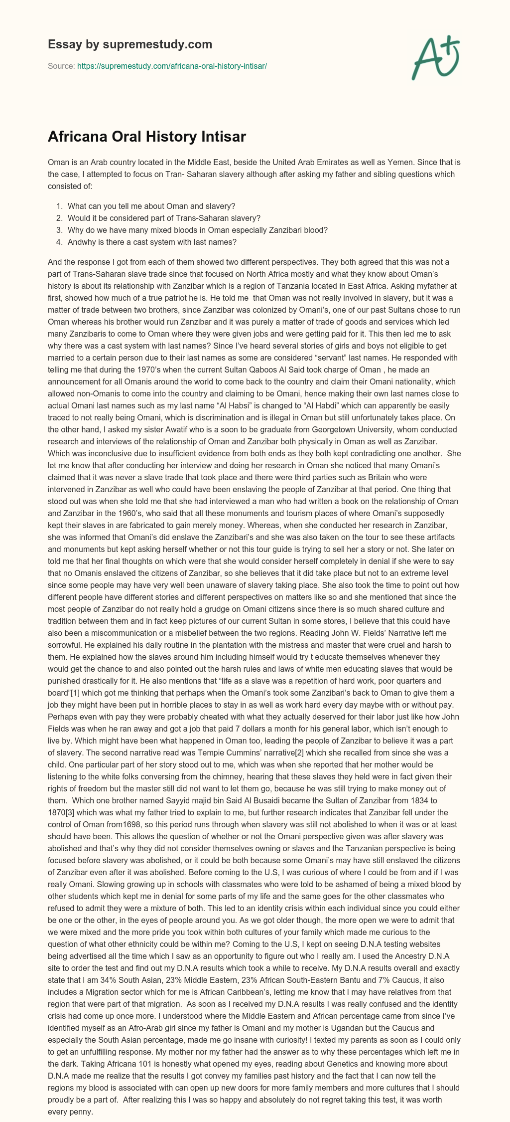 Africana Oral History Intisar essay