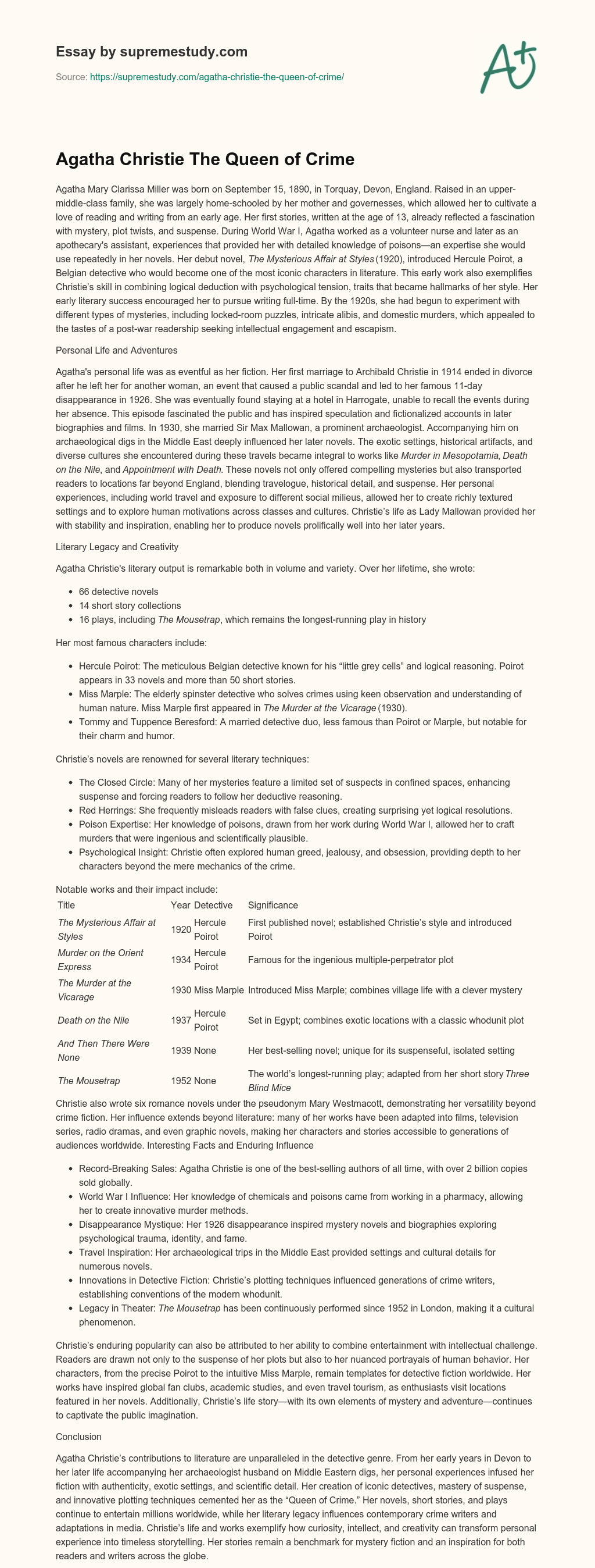 Agatha Christie The Queen of Crime essay