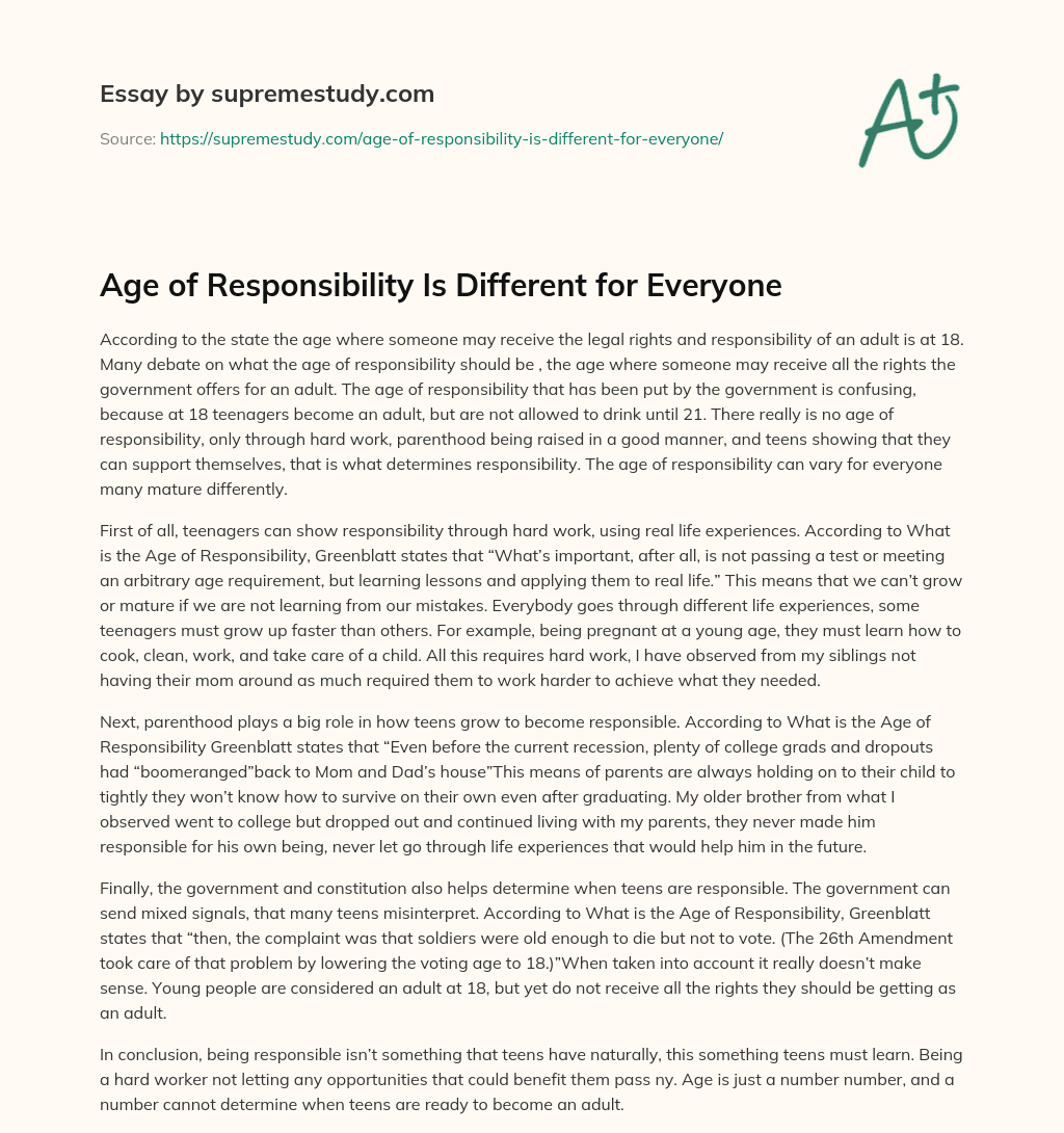 Age of Responsibility Is Different for Everyone essay