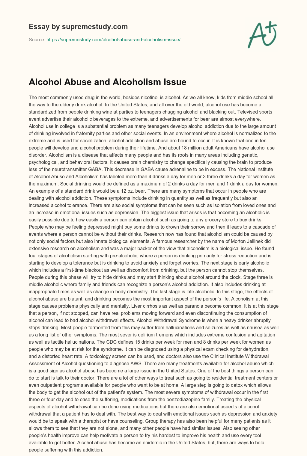 Alcohol Abuse and Alcoholism Issue essay
