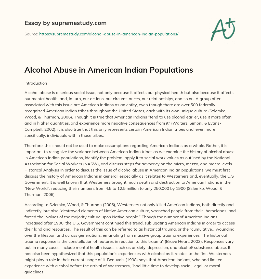 Alcohol Abuse in American Indian Populations essay