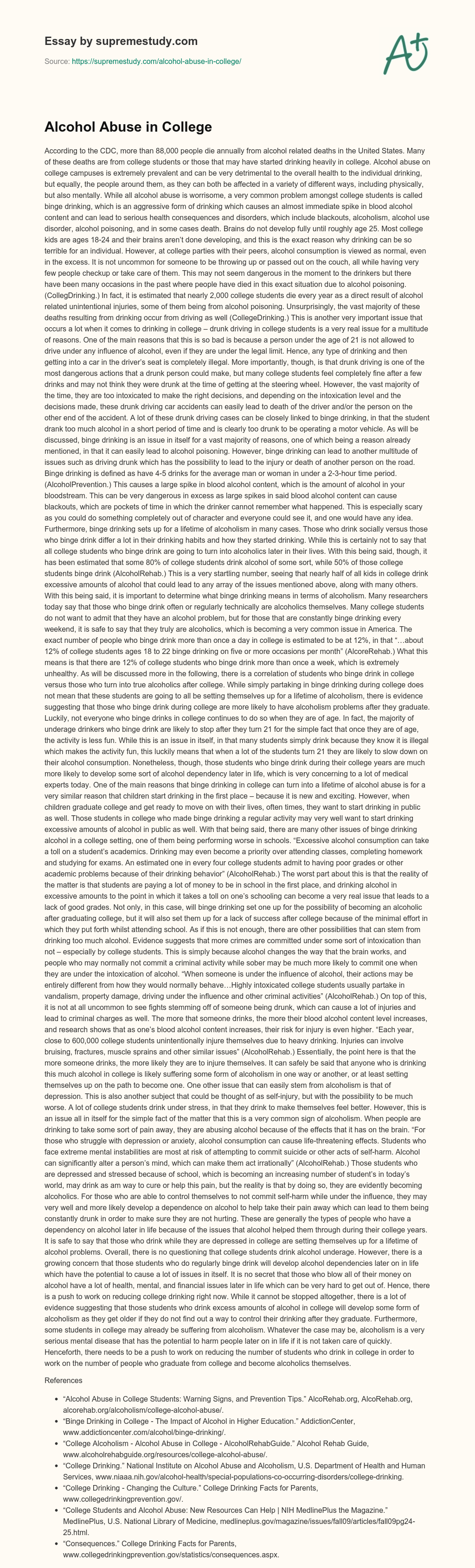 Alcohol Abuse in College essay