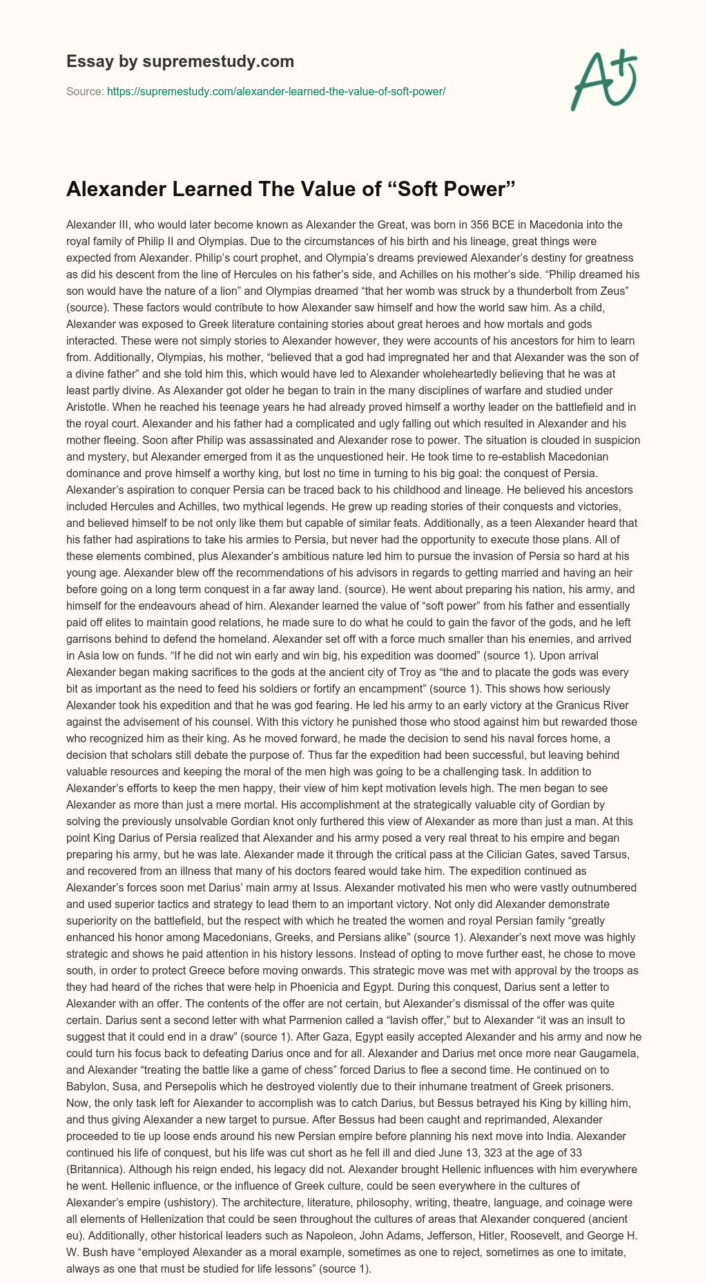 Alexander Learned The Value of “Soft Power” essay