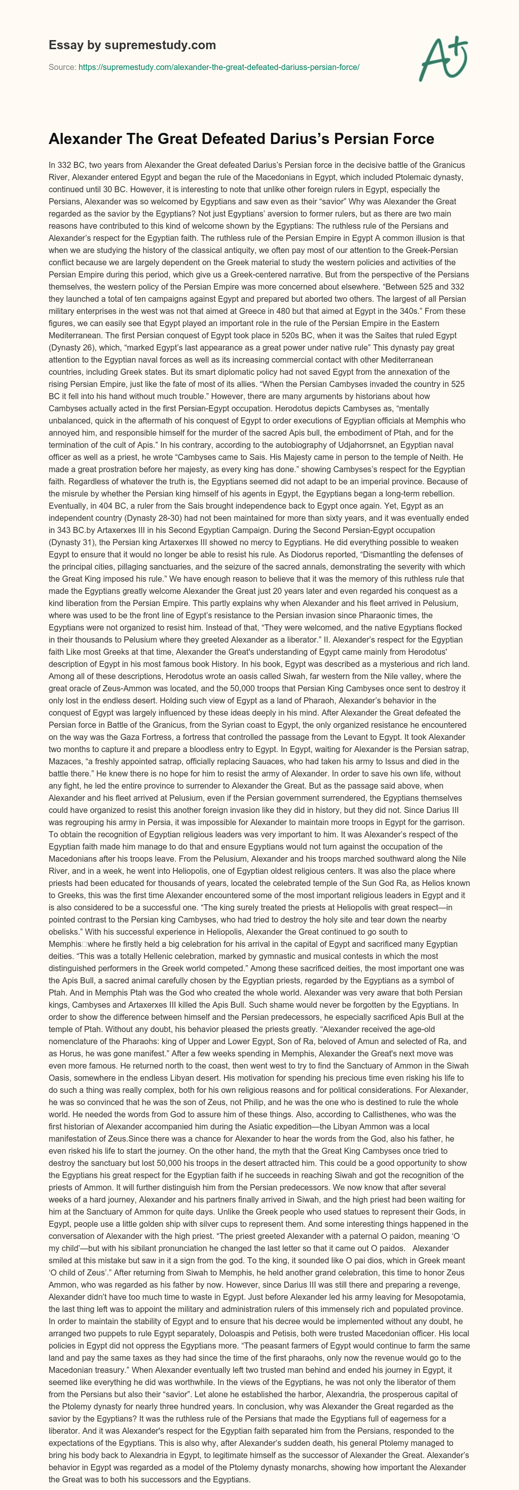 Alexander The Great Defeated Darius’s Persian Force essay