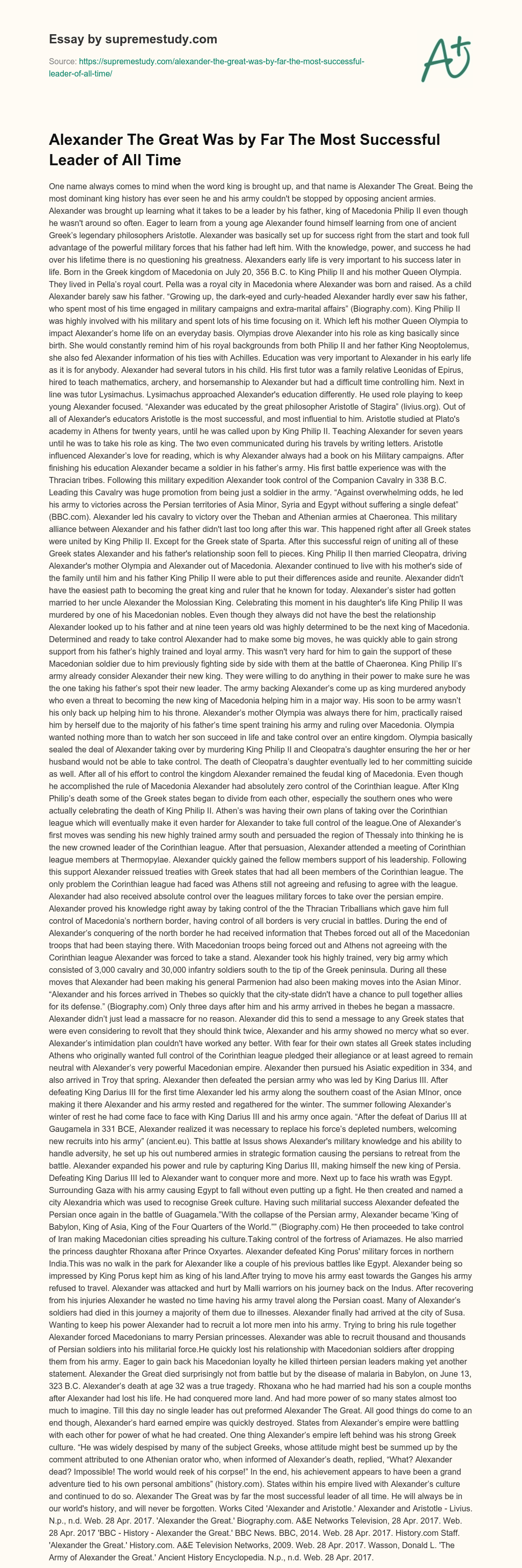Alexander The Great Was by Far The Most Successful Leader of All Time essay