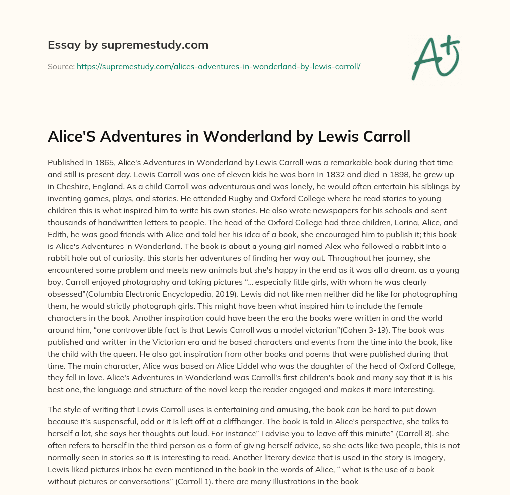 Alice’S Adventures in Wonderland by Lewis Carroll essay