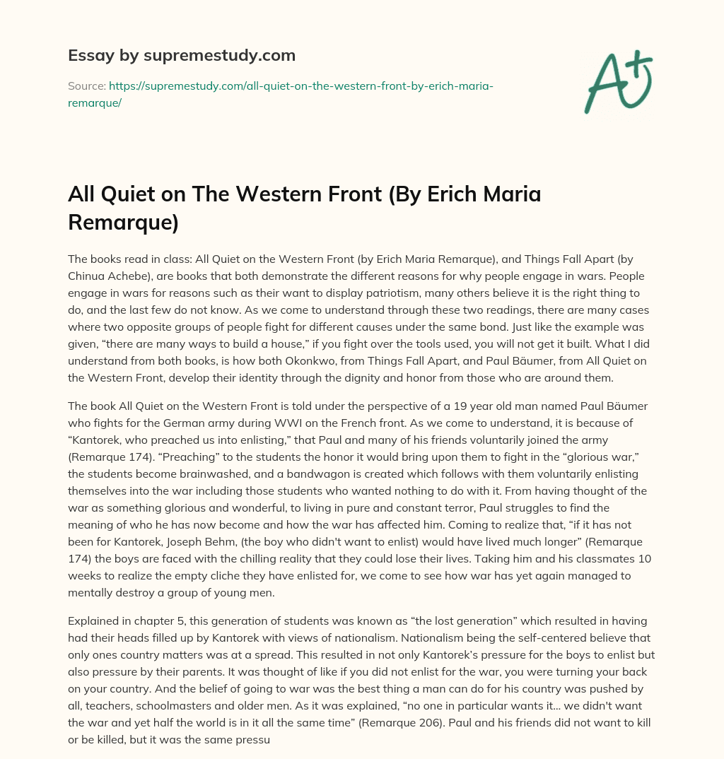 All Quiet on The Western Front (By Erich Maria Remarque) essay