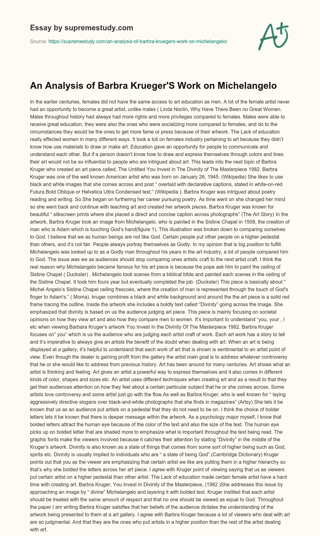An Analysis of Barbra Krueger’S Work on Michelangelo essay