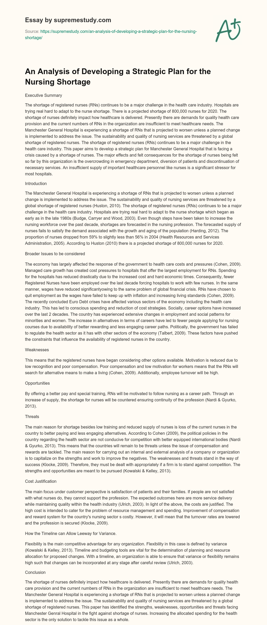 An Analysis of Developing a Strategic Plan for the Nursing Shortage essay