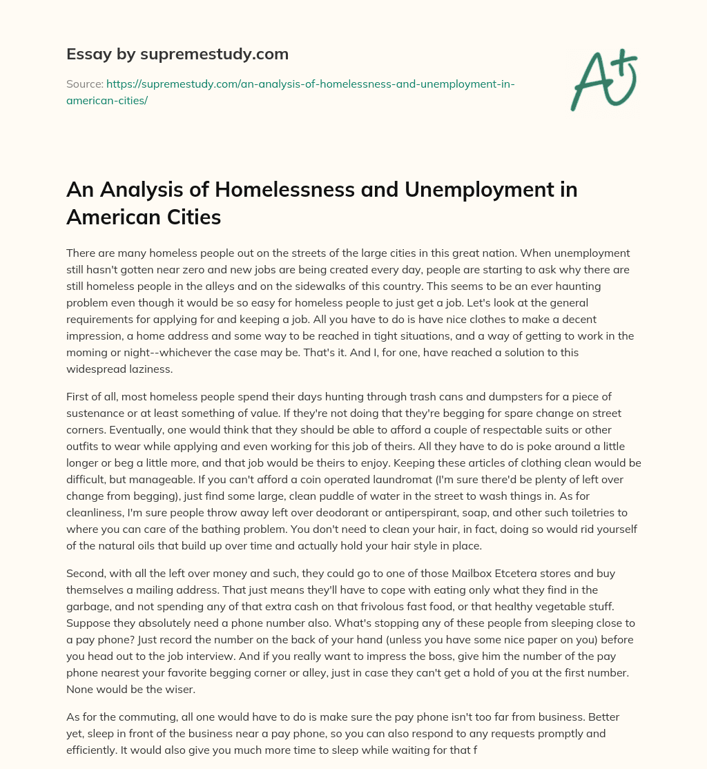 An Analysis of Homelessness and Unemployment in American Cities essay