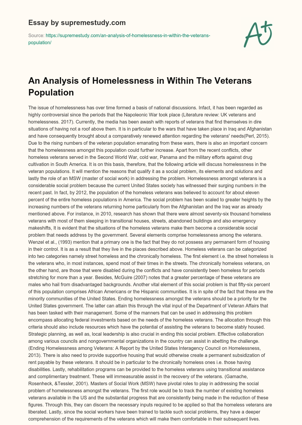 An Analysis of Homelessness in Within The Veterans Population essay