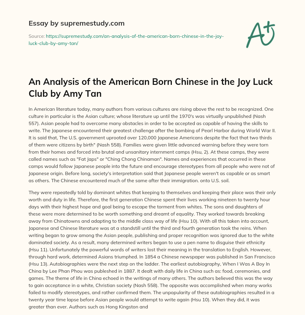 An Analysis of the American Born Chinese in the Joy Luck Club by Amy Tan essay