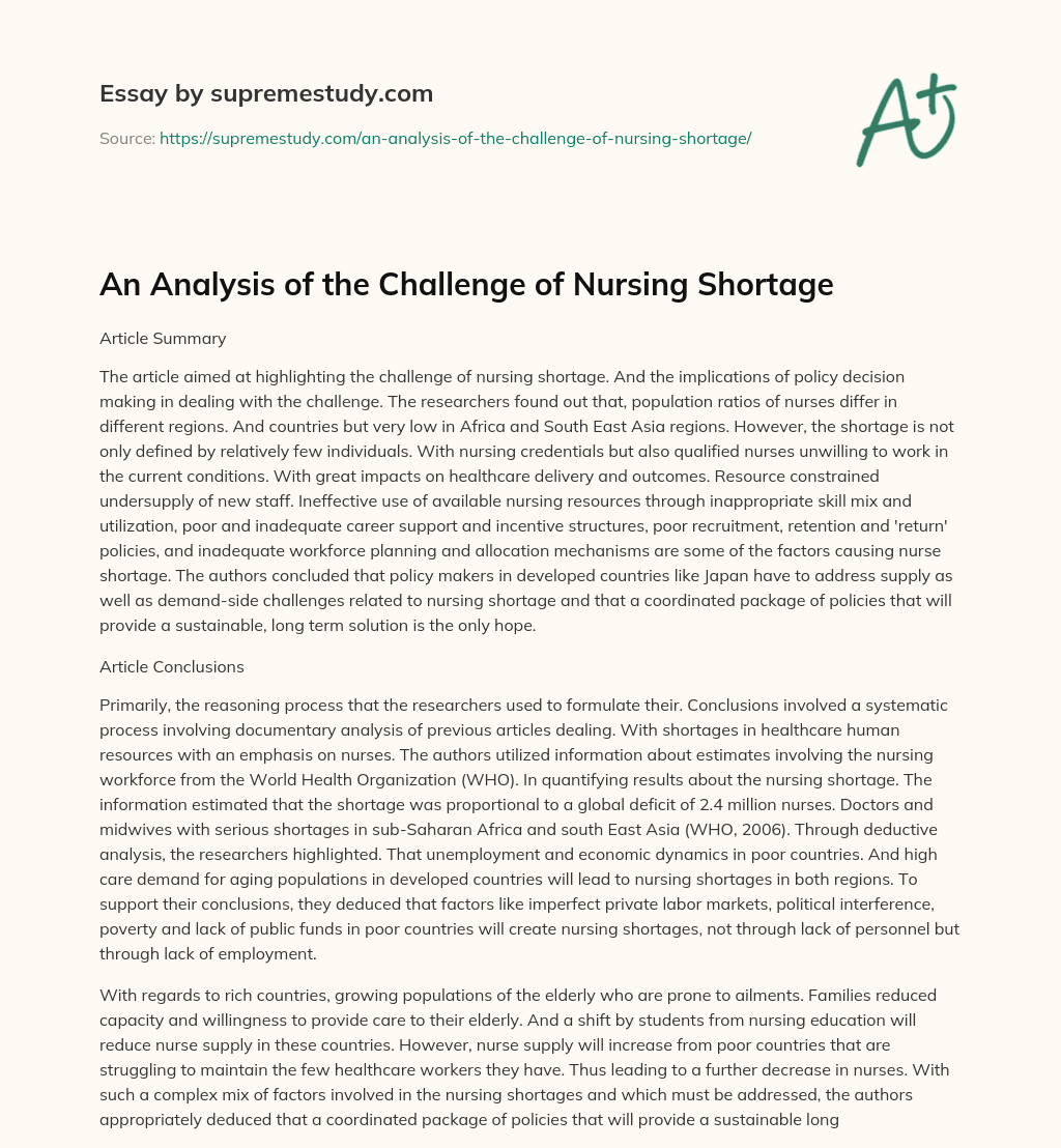 An Analysis of the Challenge of Nursing Shortage essay