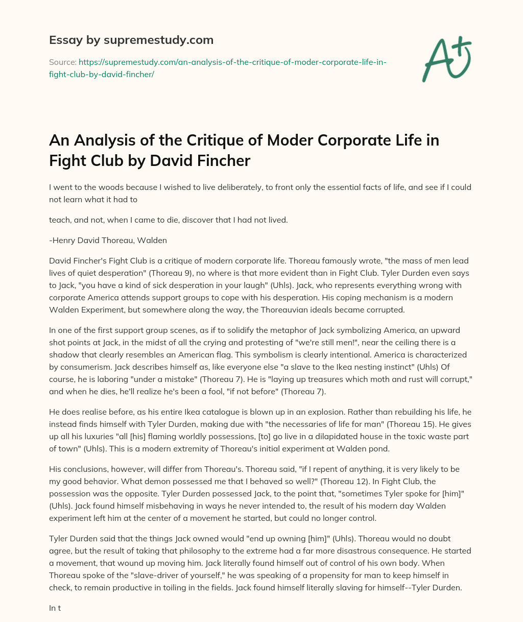 An Analysis of the Critique of Moder Corporate Life in Fight Club by David Fincher essay