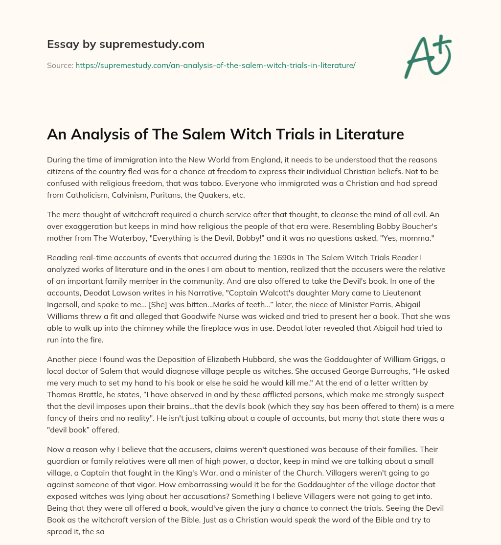 An Analysis of The Salem Witch Trials in Literature essay