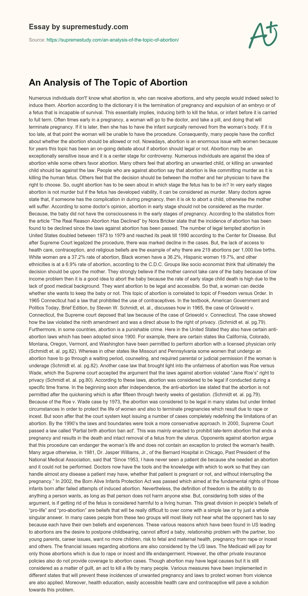 An Analysis of The Topic of Abortion essay