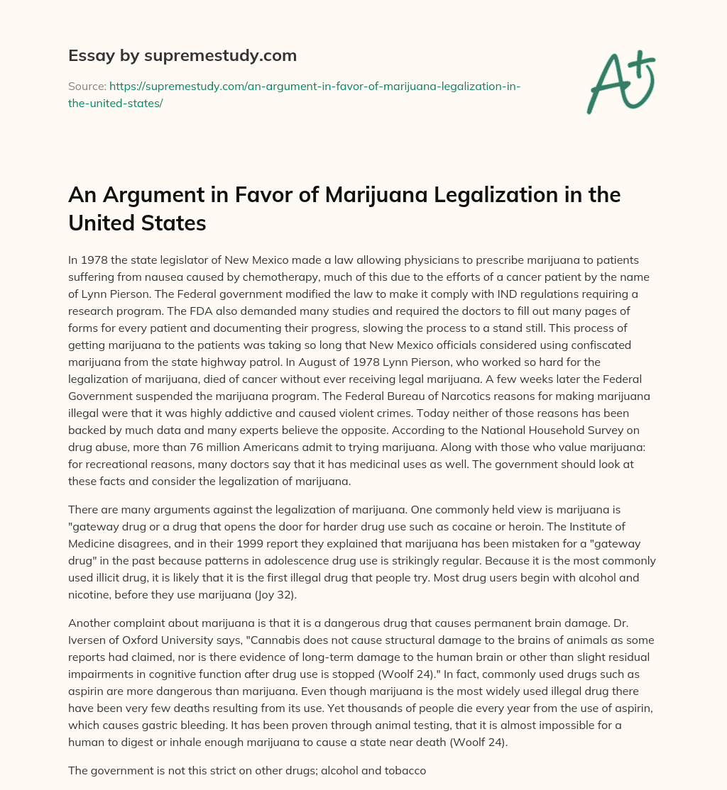 An Argument in Favor of Marijuana Legalization in the United States essay