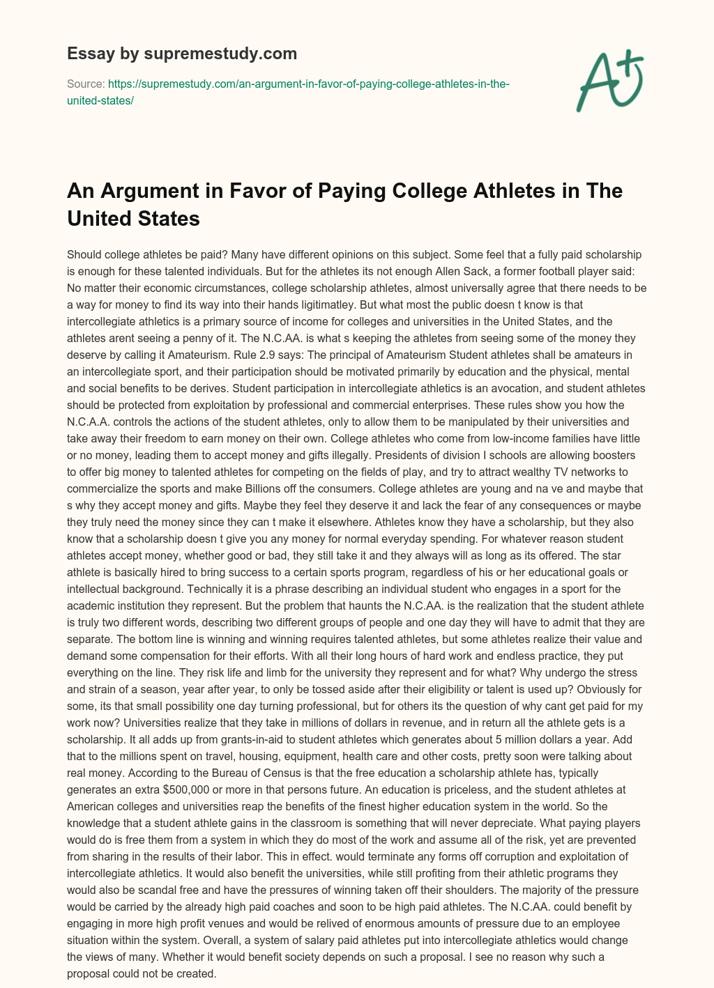 An Argument in Favor of Paying College Athletes in The United States essay