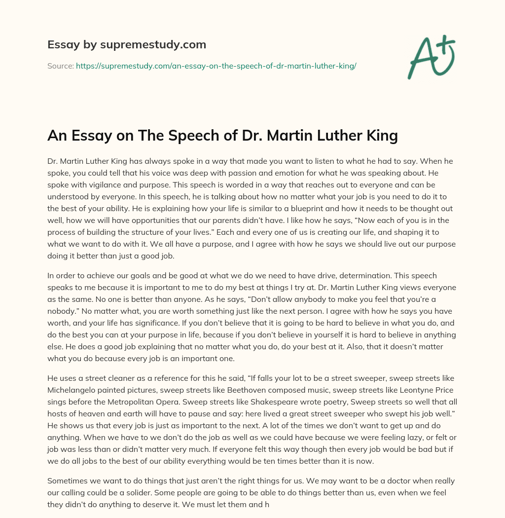 An Essay on The Speech of Dr. Martin Luther King essay