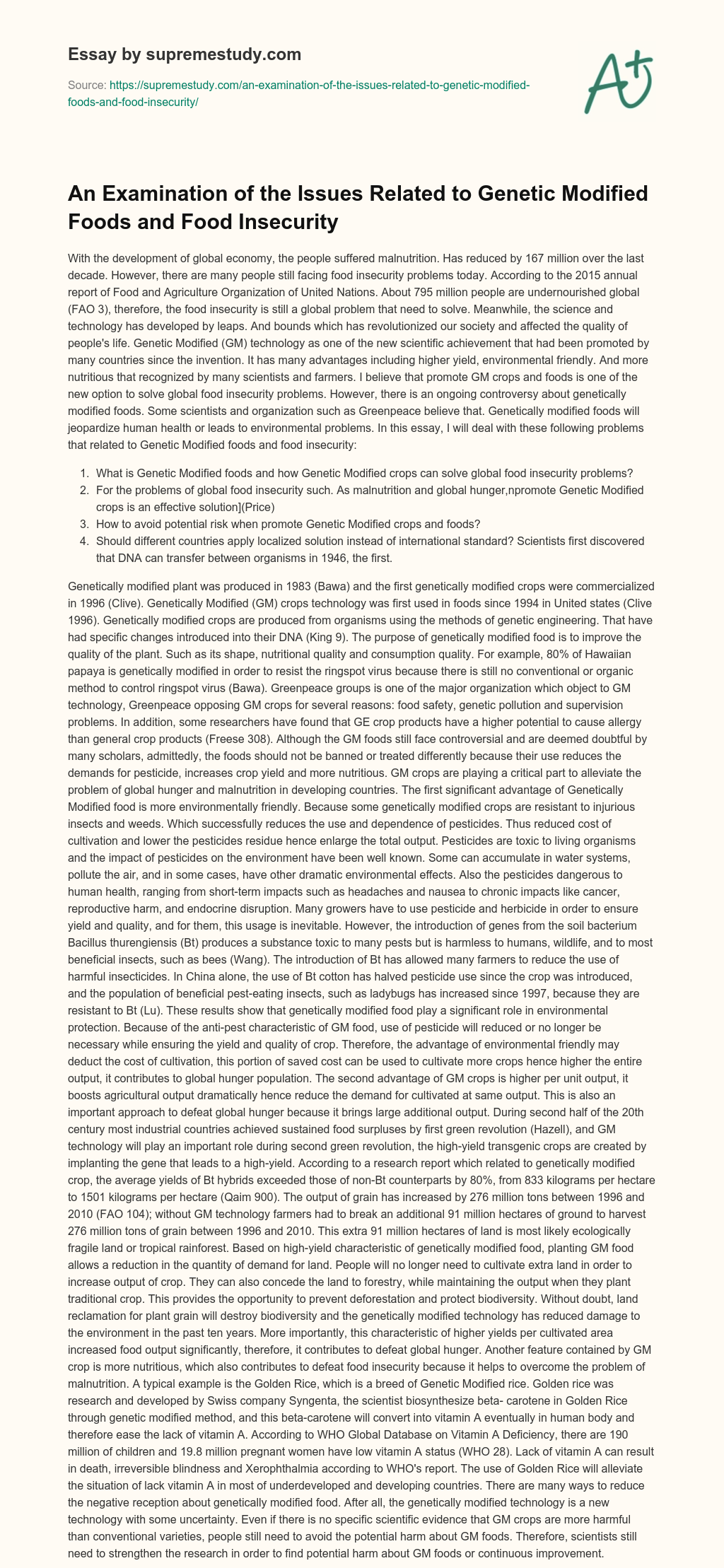An Examination of the Issues Related to Genetic Modified Foods and Food Insecurity essay