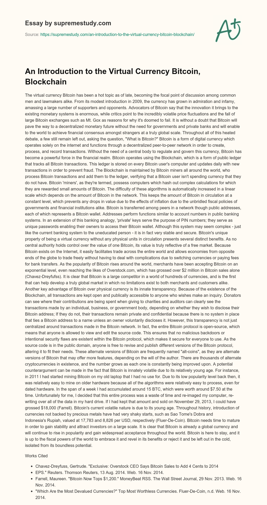 An Introduction to the Virtual Currency Bitcoin, Blockchain essay