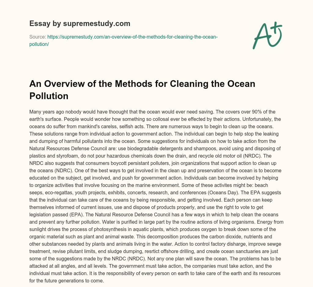 An Overview of the Methods for Cleaning the Ocean Pollution essay