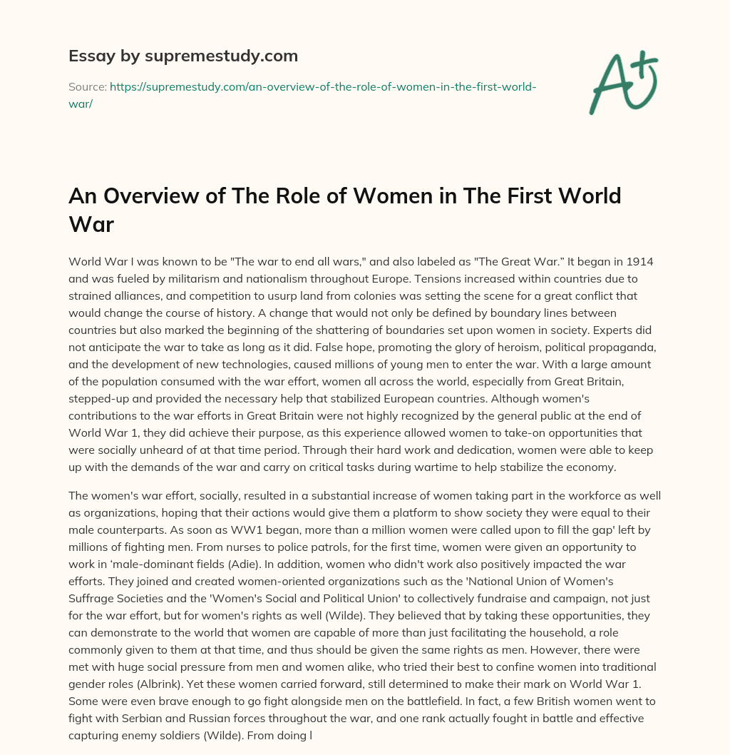 An Overview of The Role of Women in The First World War essay