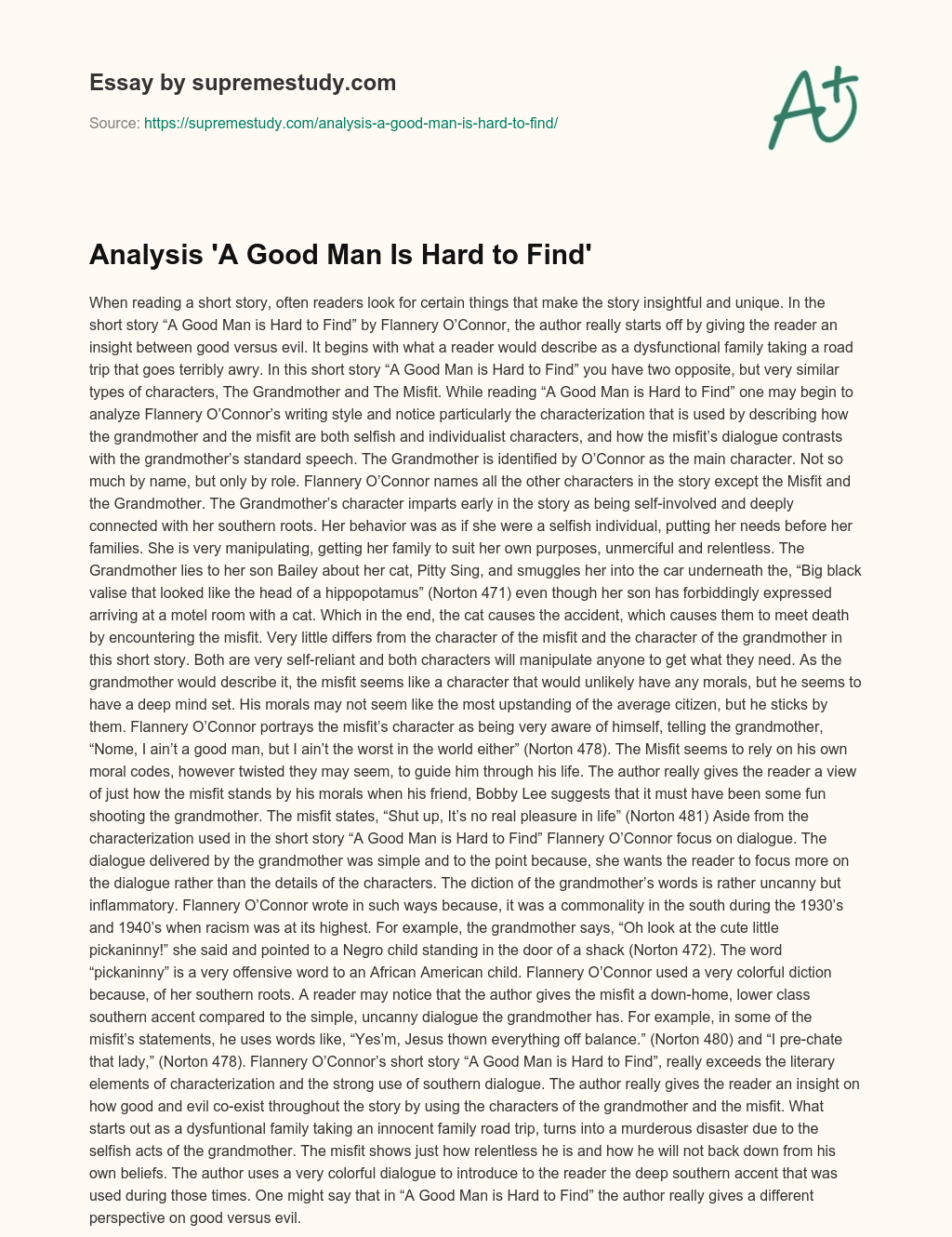 thesis statement about a good man is hard to find