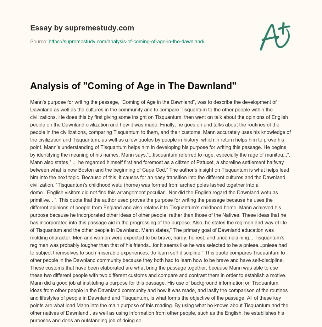Analysis of “Coming of Age in The Dawnland” essay