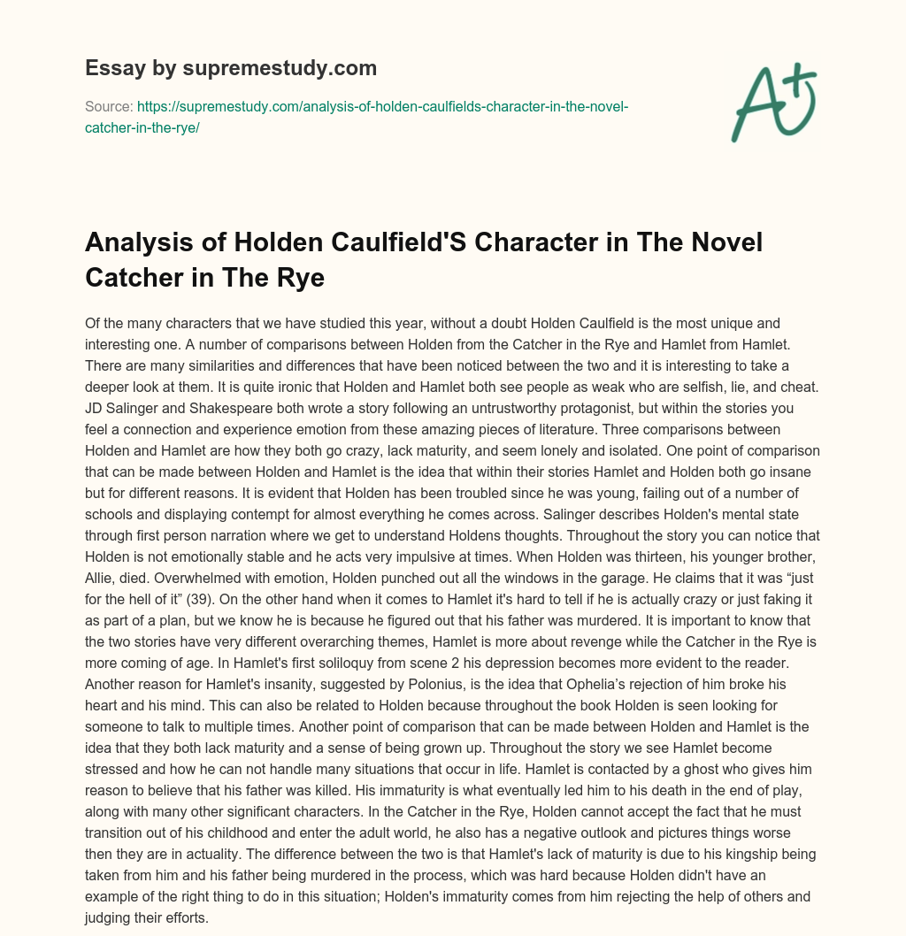 Analysis of Holden Caulfield’S Character in The Novel Catcher in The Rye essay