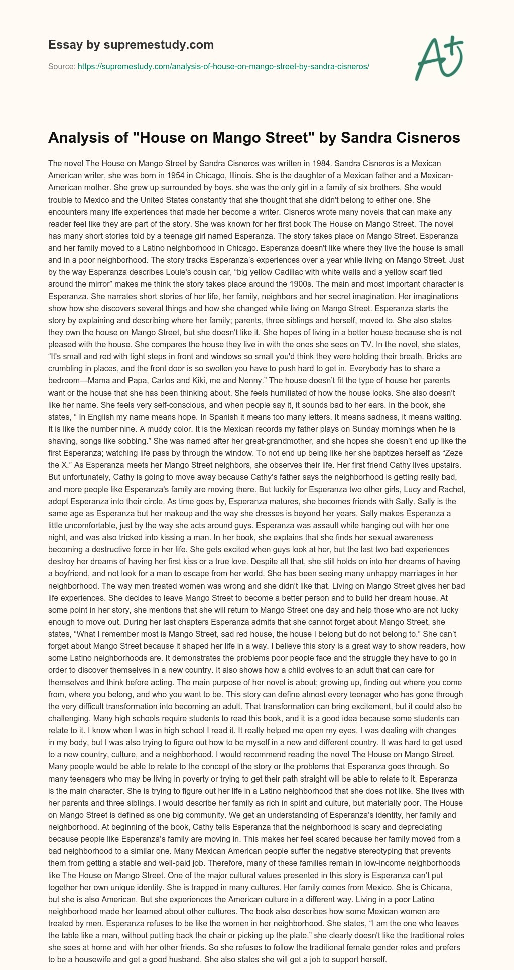 Analysis of “House on Mango Street” by Sandra Cisneros essay