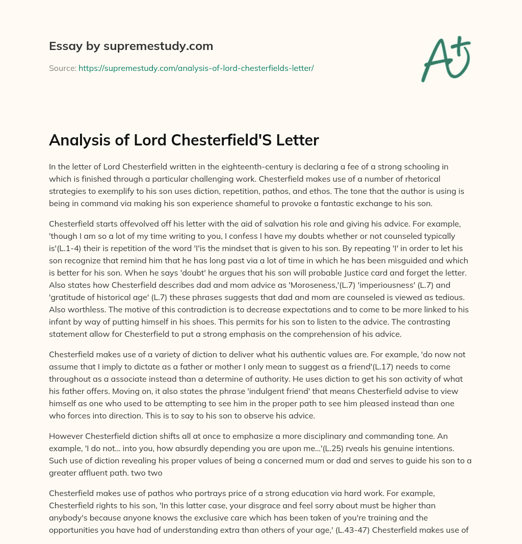 Analysis of Lord Chesterfield’S Letter essay
