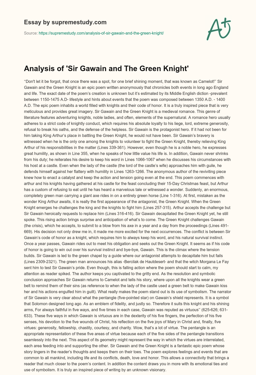 Analysis of ‘Sir Gawain and The Green Knight’ essay