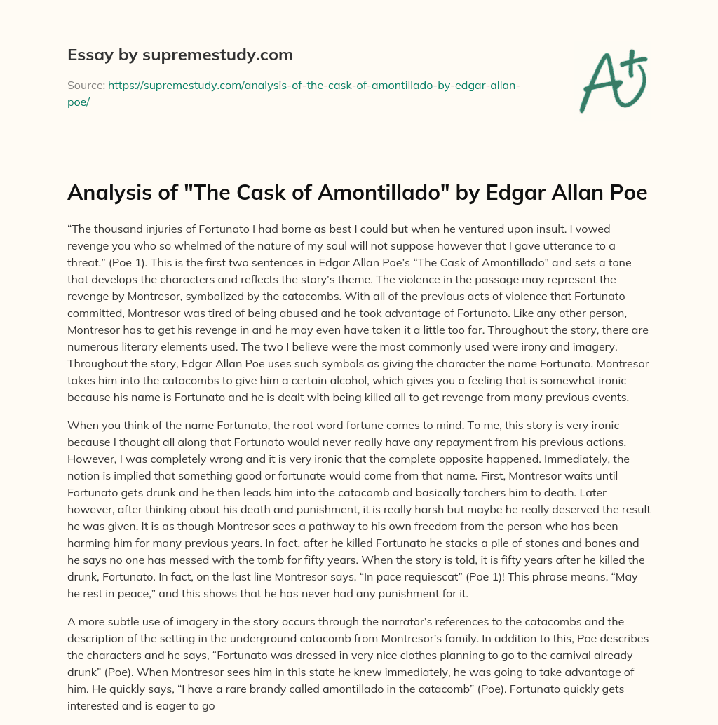 Analysis of “The Cask of Amontillado” by Edgar Allan Poe essay