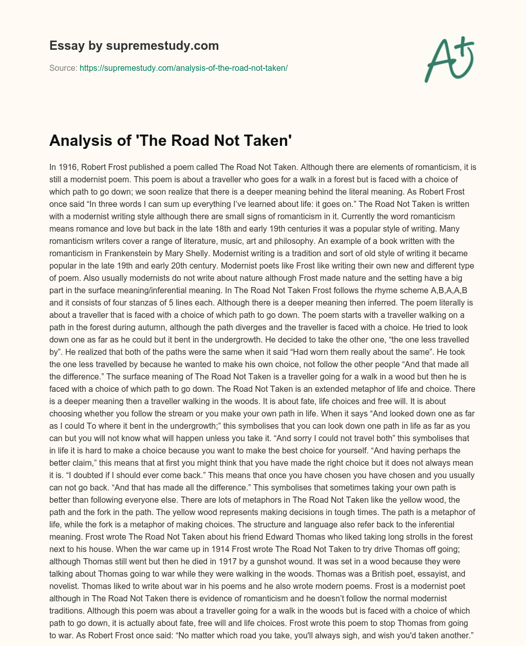Analysis of ‘The Road Not Taken’ essay