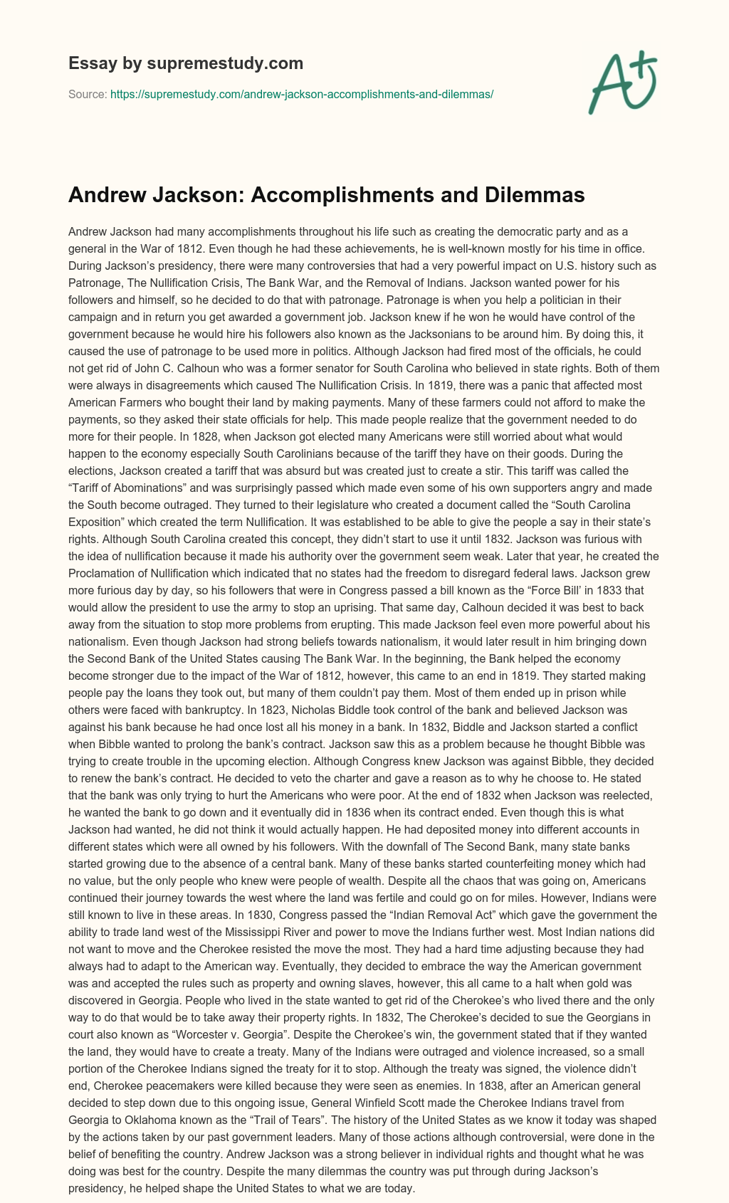 Andrew Jackson: Accomplishments and Dilemmas essay
