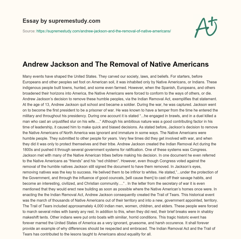 Andrew Jackson and The Removal of Native Americans essay