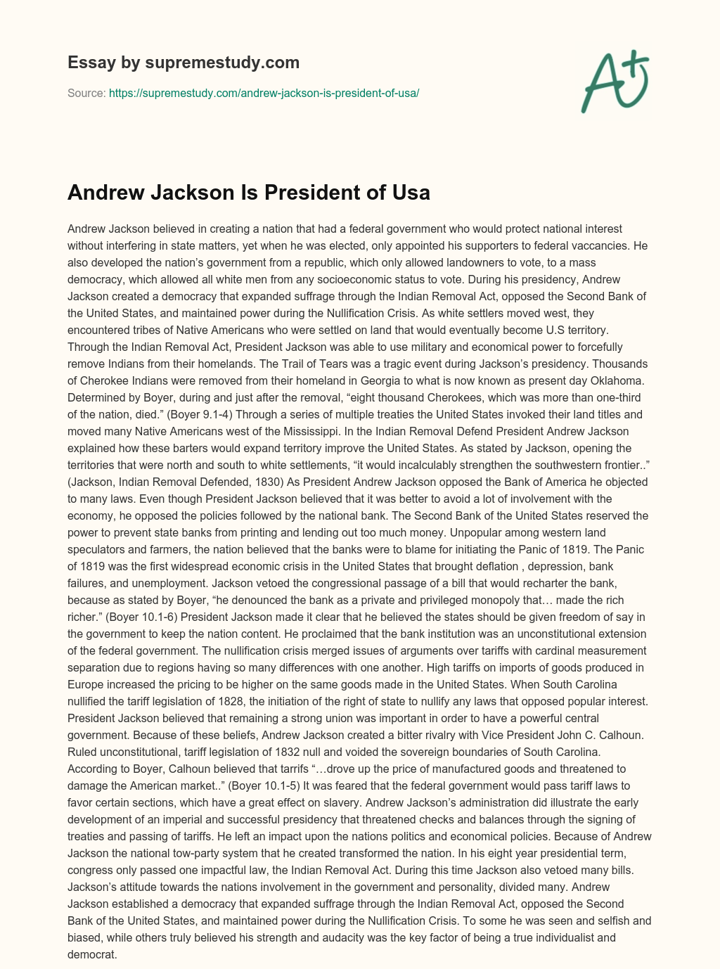 Andrew Jackson Is President of Usa essay