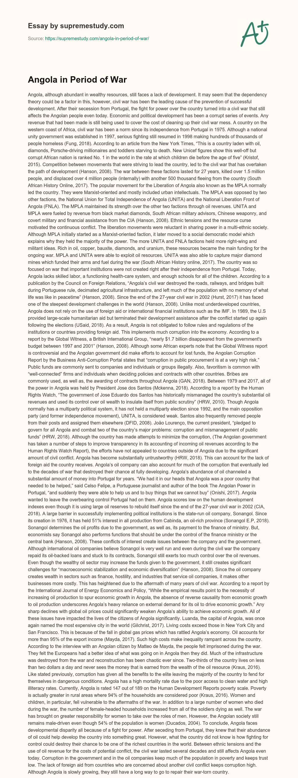 Angola in Period of War essay