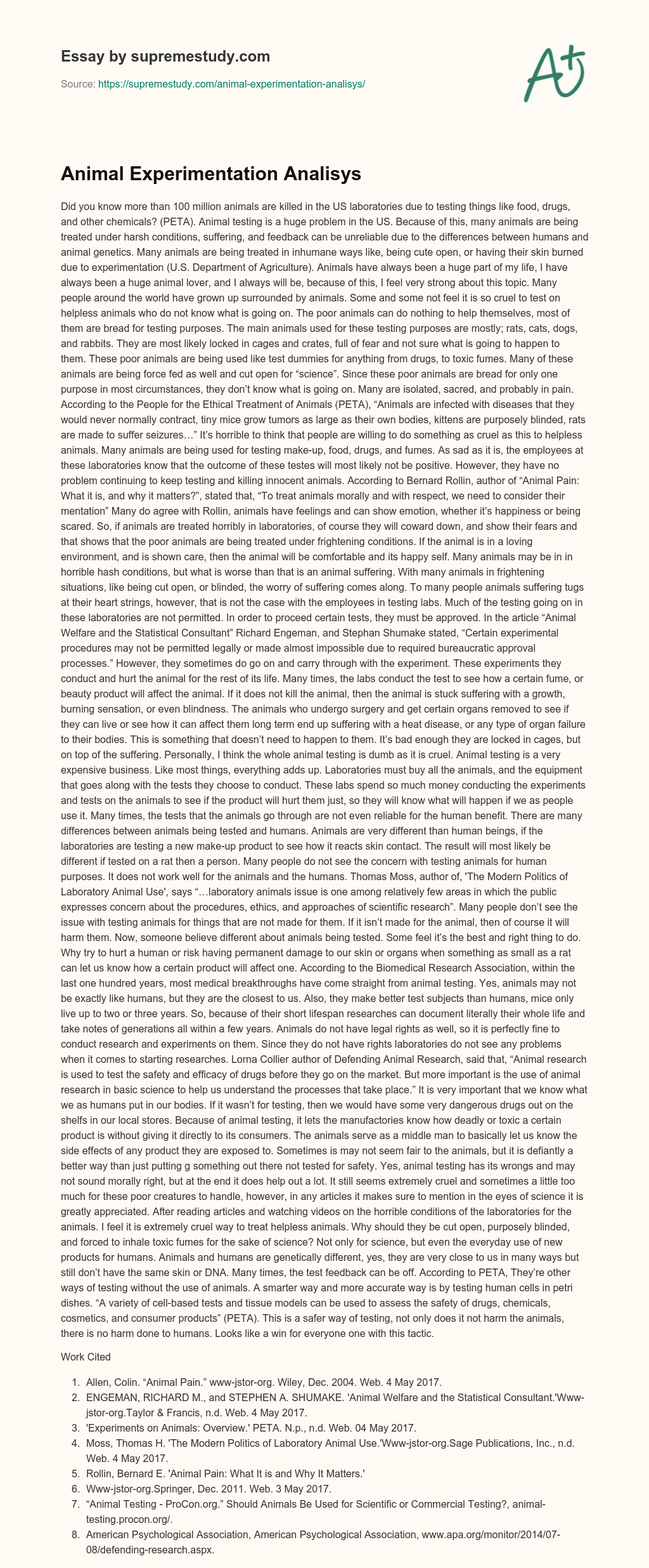 Animal Experimentation Analisys essay