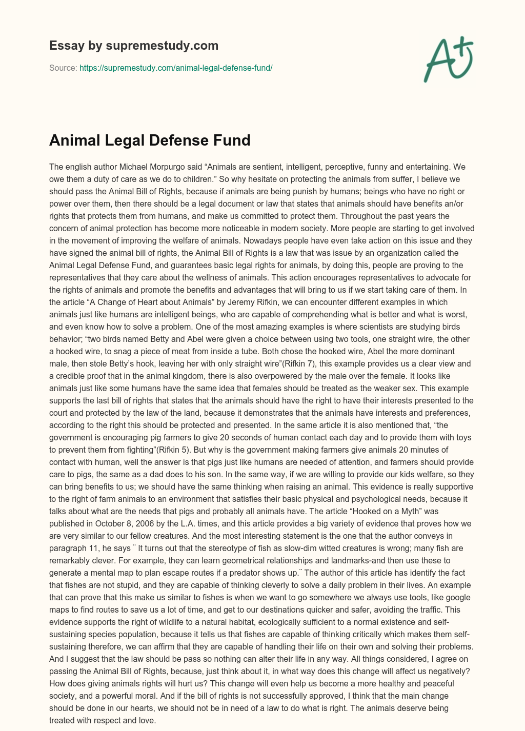 Animal Legal Defense Fund essay