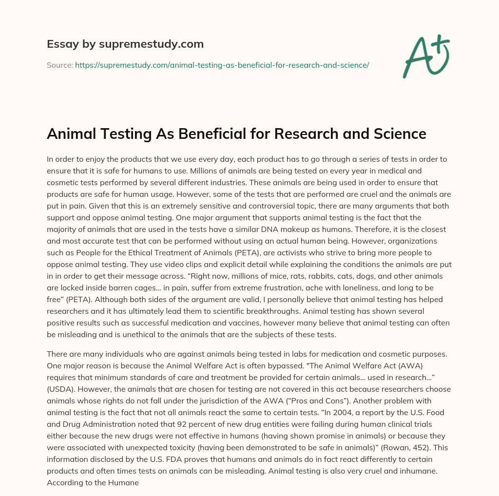 Animal Testing As Beneficial for Research and Science essay