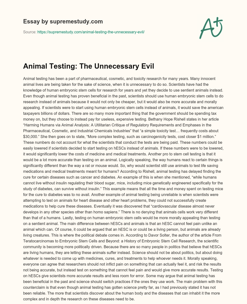 Animal Testing: The Unnecessary Evil  essay